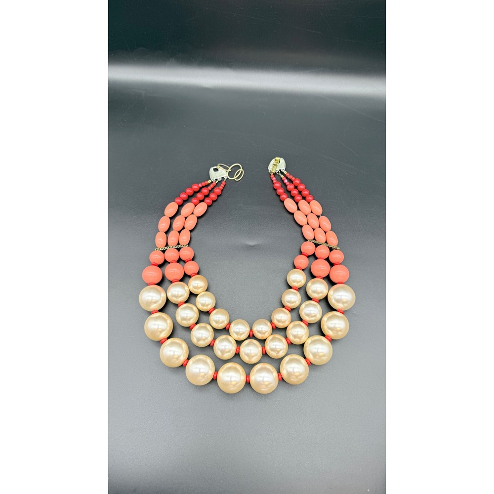 Vintage 3 Strand Faux Pearl Coral Color Bead Statement Necklace 269g Chunky